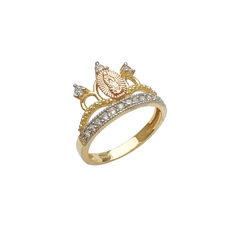 women's rings with square setting -Tricolor Milgrained Virgin Mary Princess's Crown Ring (14K)