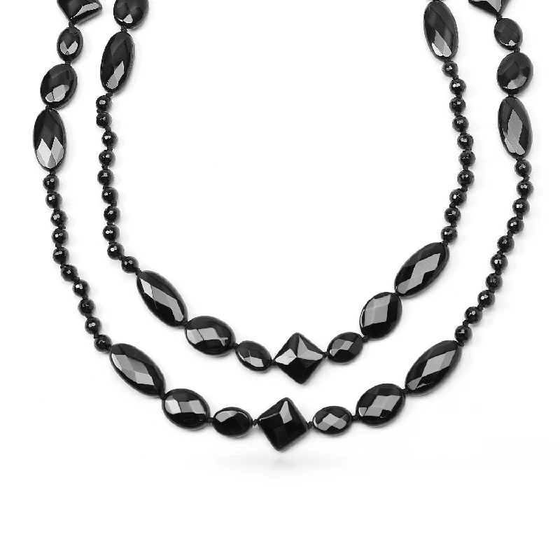 women's necklaces with diamond accents -Geometric Faceted Onyx Beads Long Layering Strand Necklace 53 Inch