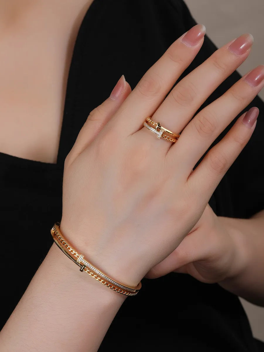 women's bracelets gold -Elegant Glam Modern Style T Shape Copper 18k Gold Plated Rings Bracelets In Bulk