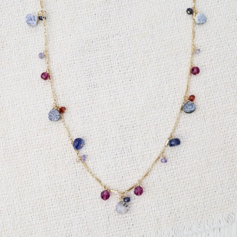 women's necklaces with infinity charm -Dendritic Opal, Garnet, Sapphire Mix Long Necklace