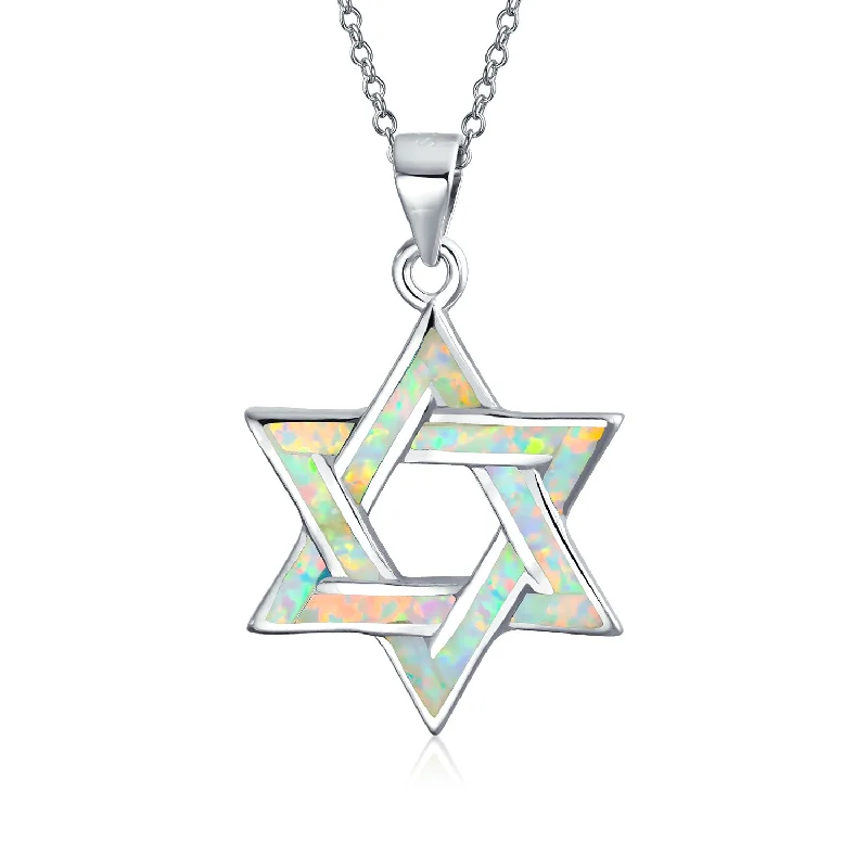 women's necklaces with round stone -Hanukkah Magen Judaic Opal Star Of David Pendant Necklace Sterling Silver