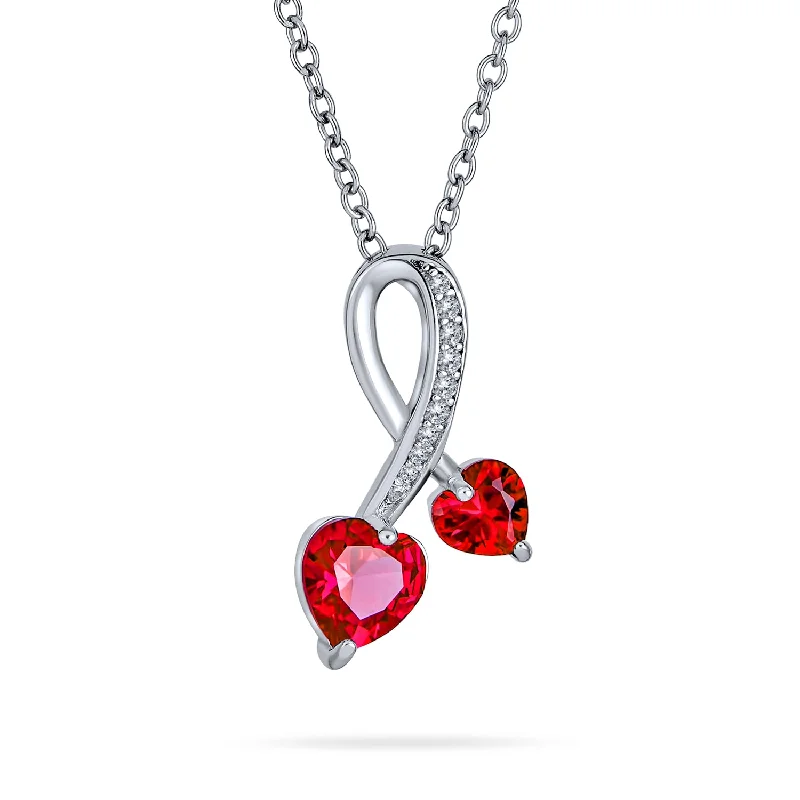 women's necklaces with fancy pendant -Romantic Promise Pendant Necklace with Ruby Red CZ Hearts in Sterling Silver