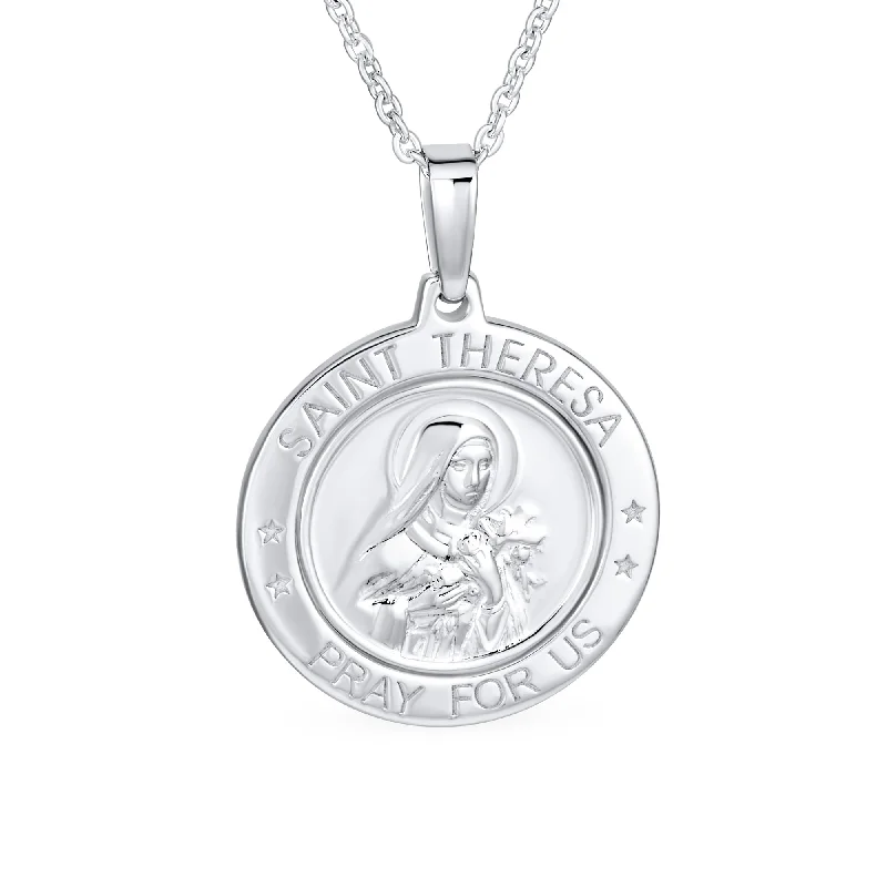 women's necklaces with flower-shaped pendant -Large Patron of Missions Saint Theresa Pendant Necklace in Sterling Silver