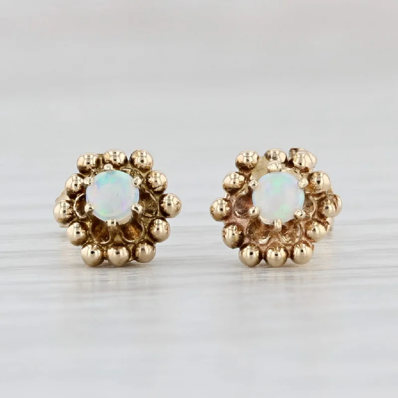 women's earrings with gemstone -Opal Solitaire Stud Earrings 14k Yellow Gold Round Cabochon