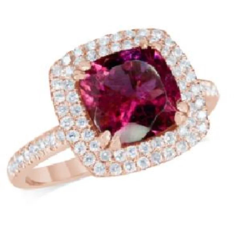 women's engagement rings with fancy-colored diamonds -7MM Cushion Pink Tourmaline and Diamond Halo Ring in 14KT Rose Gold