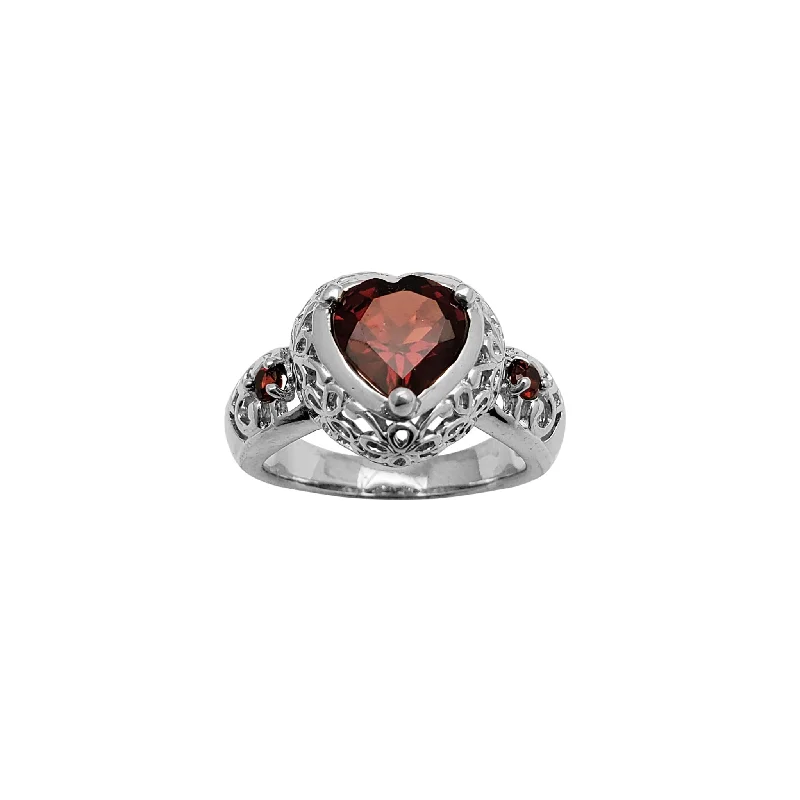 women's rings with split band -Dark-Red Heart Zirconia Patterned Ring (Silver)