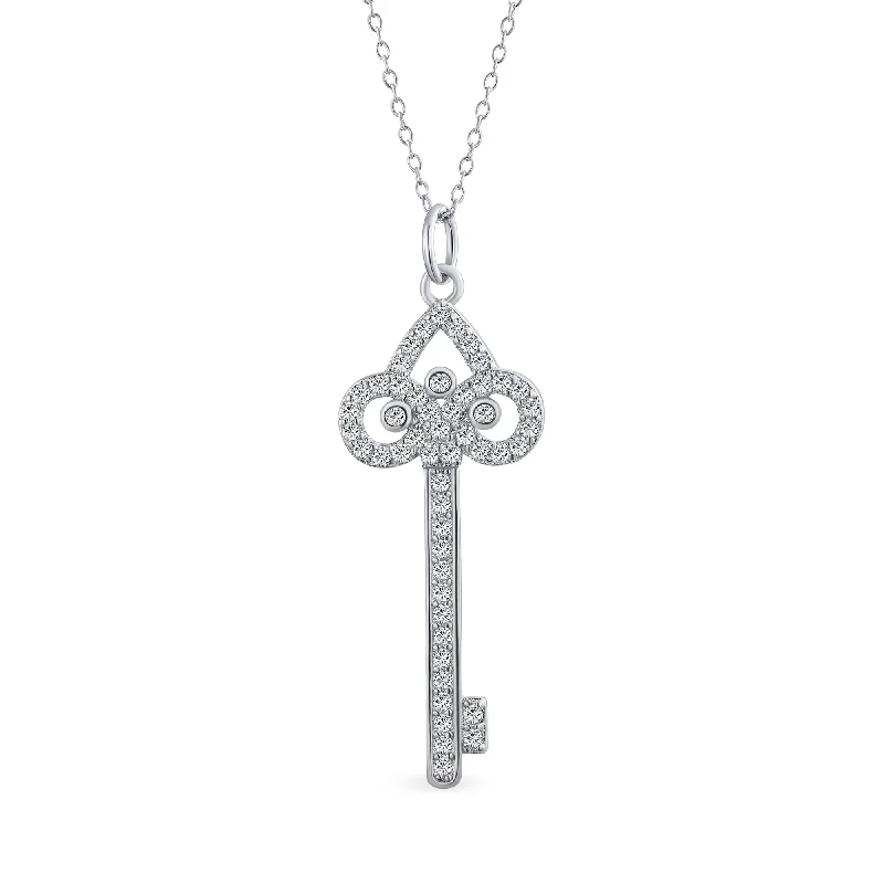 women's necklaces silver -Sterling Silver Fleur De Lis Key Pendant Necklace with Pave Cubic Zirconia