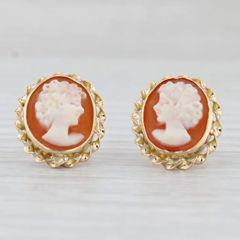 women's earrings with elongated drop -Figural Carved Shell Cameo Stud Earrings 18k Yellow Gold