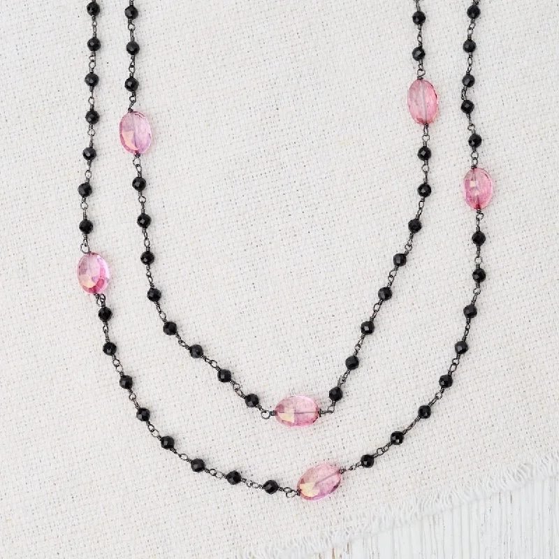 women's necklaces with rectangle pendant -42" Oxidized Silver Pink Quartz Bead Chain Necklace