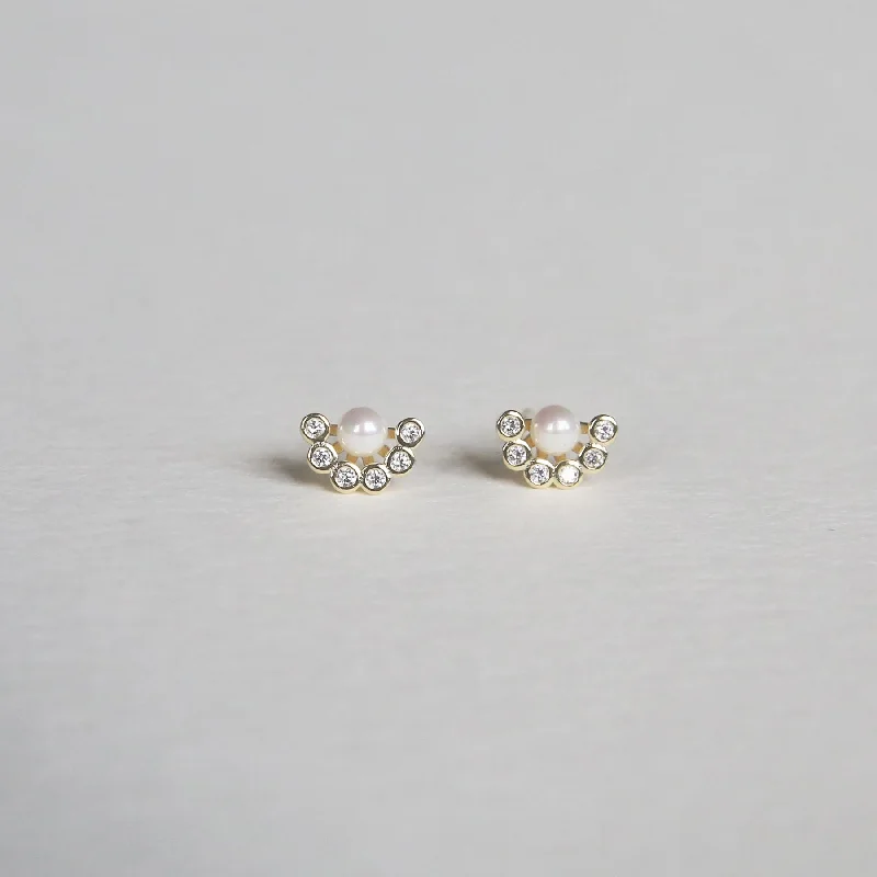 women's earrings with square design -Pearl with Half Stone Studs