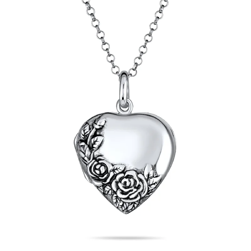 women's necklaces with pearl -Vintage Style Floral Rose Heart Locket Necklace Pendant in Sterling Silver