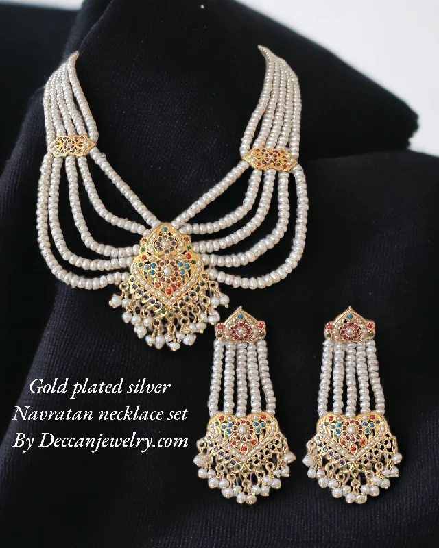 women's necklaces with twisted gold -Navratan gold plated silver necklace with earrings in fresh water pearls ( READY TO SHIP )