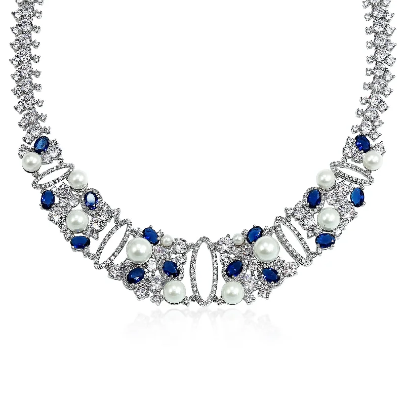 women's necklaces with gemstone -Bridal Vintage Blue or Red CZ Imitation Sapphire Collar Statement Necklace