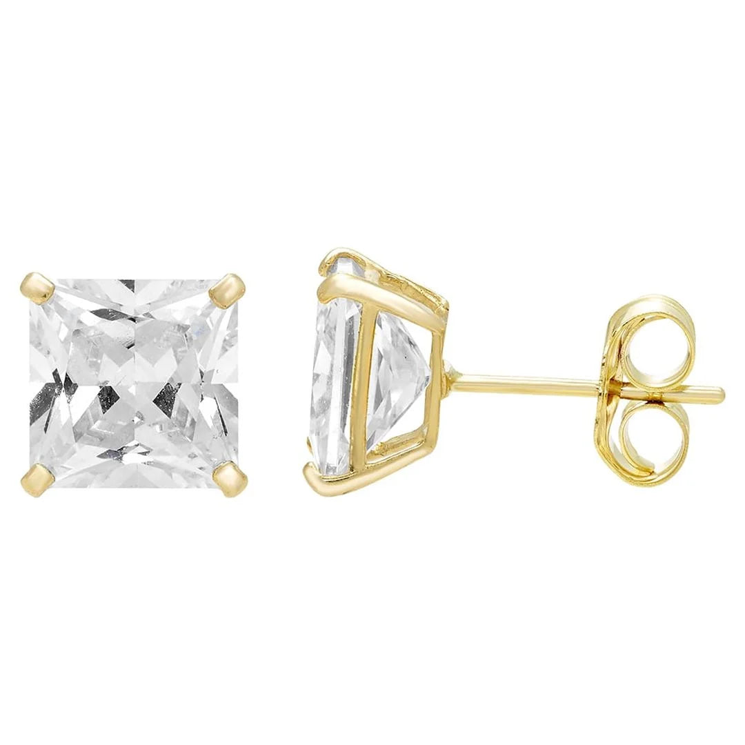 women's earrings with polished finish -14k Yellow Gold Square Clear CZ Stud Earrings