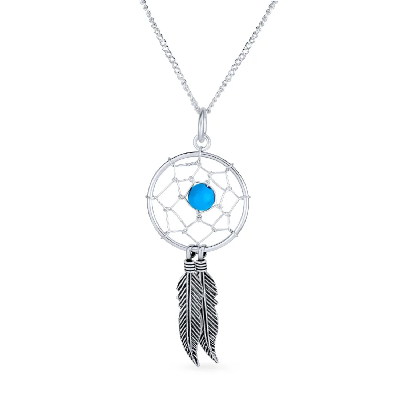 women's necklaces with shiny gold -Western Boho Turquoise Feather Dream Catcher Pendant Necklace Sterling Silver