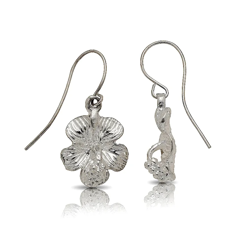 women's earrings with art deco style -Small Hibiscus Flower .925 Sterling Silver Earrings