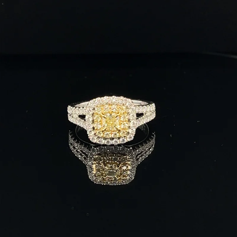 women's engagement rings with diamond halo -Fancy Yellow & White Diamond Radiant Double Halo Split Shoulder Ring in 18k Two Tone Gold - (#124-JR0721GH - 41)