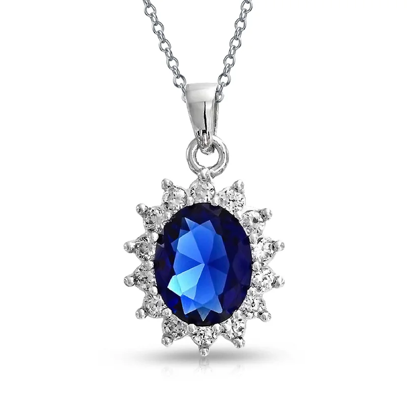 women's necklaces with floral pendant -Vintage Royal Blue Sapphire CZ Oval Halo Pendant Necklace in Sterling Silver