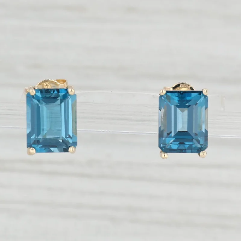 women's earrings with teardrop shape -6ctw Emerald Cut London Blue Topaz Stud Earrings 14k Yellow Gold Solitaire Studs