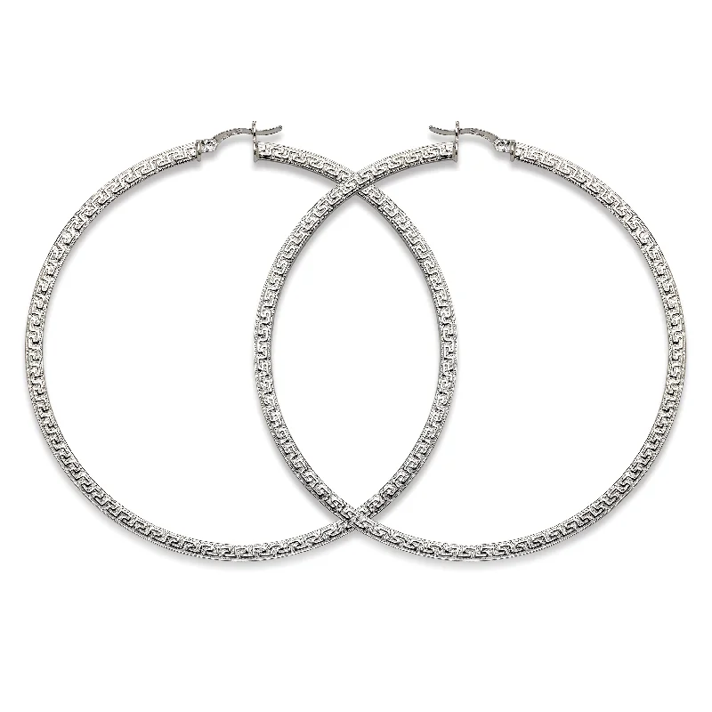 women's earrings with trendy design -High Polish Greek Key Circle Hoop Earrings .925 Sterling Silver