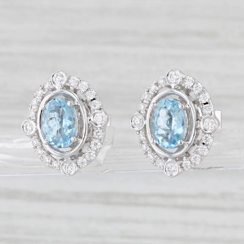 women's earrings with gemstone accents -New 1.83ctw Oval Aquamarine Diamond Halo Stud Earrings 14k White Gold