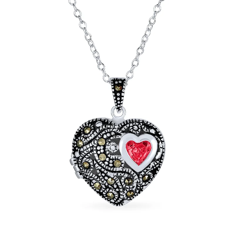 women's necklaces with bold chain -Butterfly Marcasite Pink CZ Heart Locket Necklace Rose Gold Sterling Silver