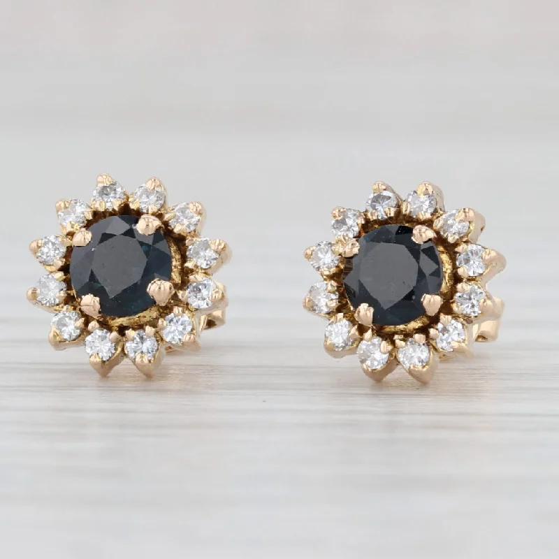 women's earrings with large gemstones -1.44ctw Blue Sapphire Diamond Halo Stud Earrings 18k Yellow Gold