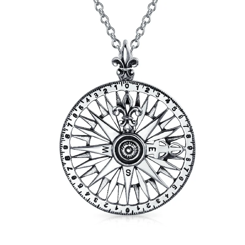 women's necklaces with gemstone -Unisex Celtic Fleur De Lis Compass Pendant Necklace in Oxidized Sterling Silver