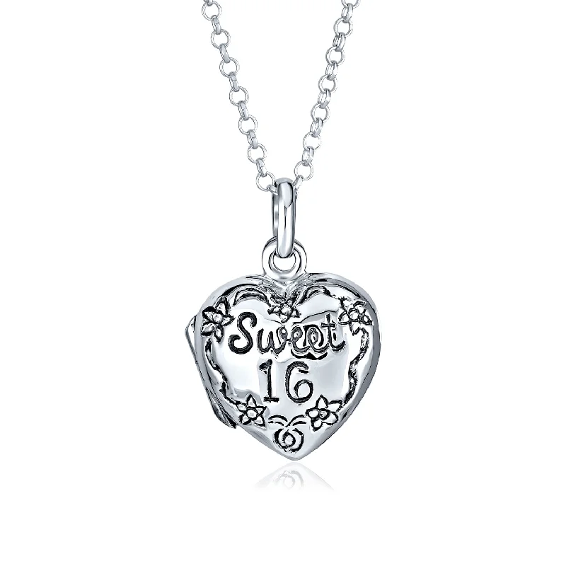 women's necklaces with vintage style -SWEET 16 Locket Necklace for Photos - Heart Flower Design Photo Holder