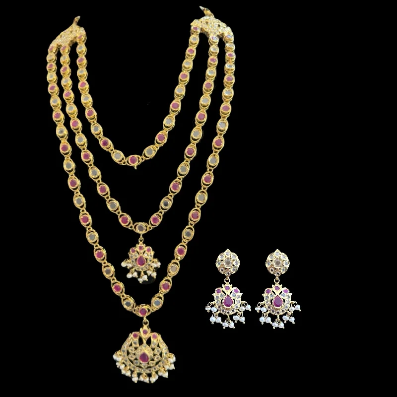 women's necklaces with pearl accents -SAT93  Mallika hyderabadi three layer necklace set in ruby with fresh water pearls ( READY TO SHIP )