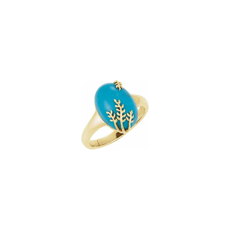 women's rings with wedding band -Chinese Turquoise Leafy Ring (14K)