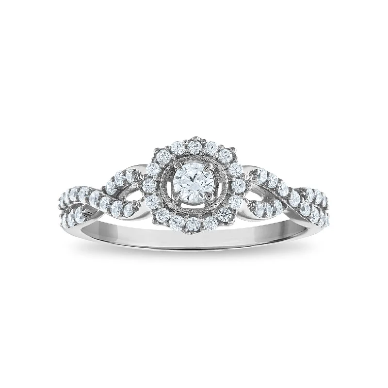 women's engagement rings with etched band -LoveSong EcoLove 3/8 CTW Lab Grown Diamond Promise Halo Round Shaped Ring in 10KT White Gold