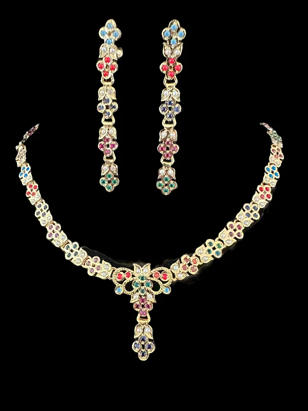 women's necklaces with modern pendant -Navratan necklace set in gold plated silver ( READY TO SHIP )