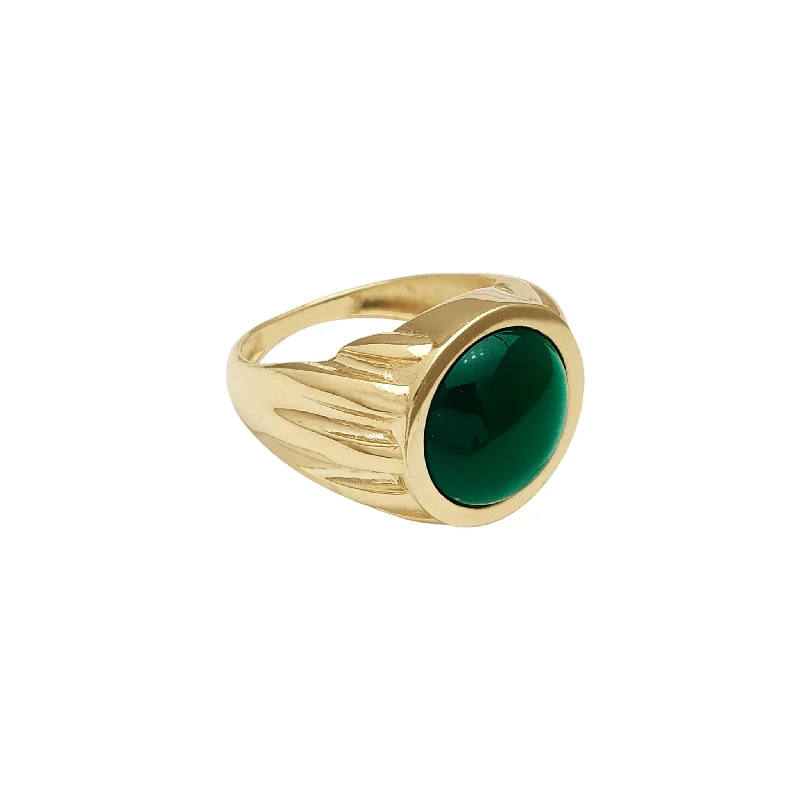 women's rings with gemstone accents -Ridged Round Jade Men's Ring (14K)