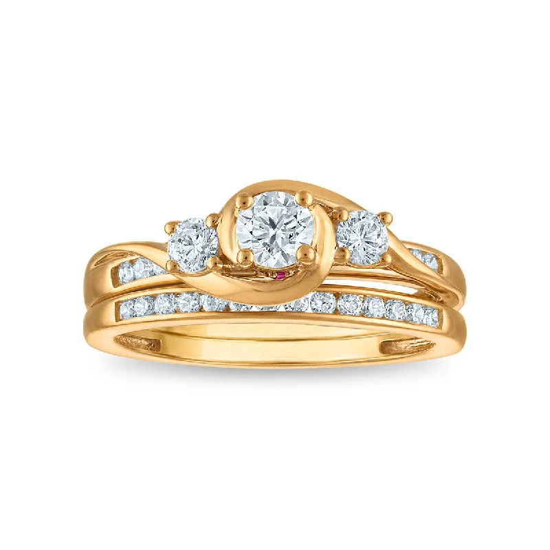 women's engagement rings with oval-cut diamond -LoveSong EcoLove 3/4 CTW Lab Grown Diamond Three Stone Bridal Set in 10KT Yellow Gold