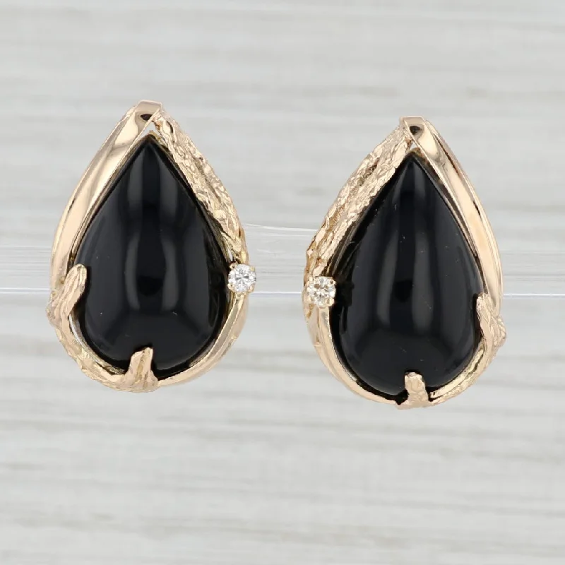 women's earrings with gemstone accents -Black Glass Teardrop Earrings 14k Yellow Gold Pierced Omega Backs