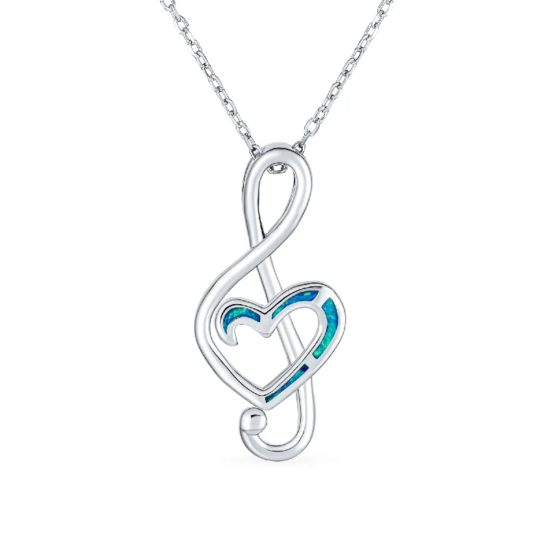 women's necklaces with sapphire -Musical Blue Opal Heart Treble Clef Pendant Necklace in Sterling Silver