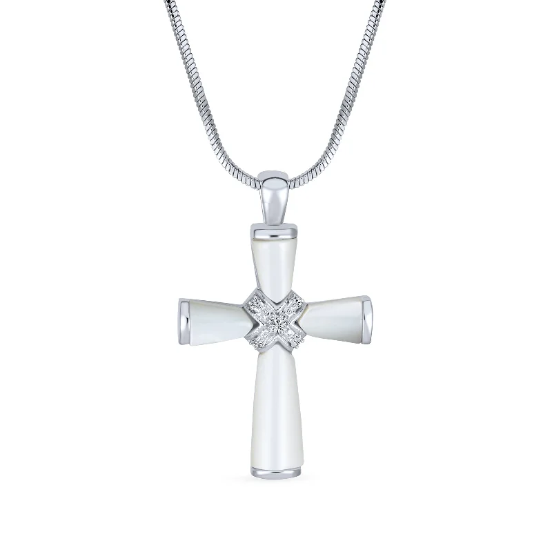 women's necklaces with chain design -Mother Of Pearl Cross Pendant Necklace with Silver Plated Snake Chain