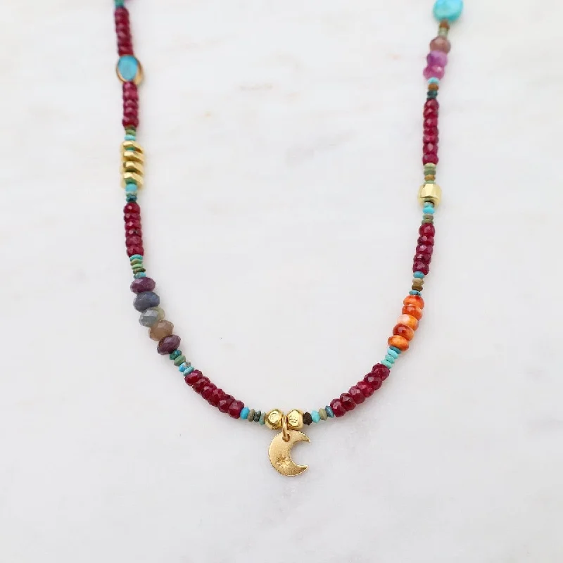 women's necklaces with minimalist design -Circus Train with Ruby & Crescent Moon Necklace