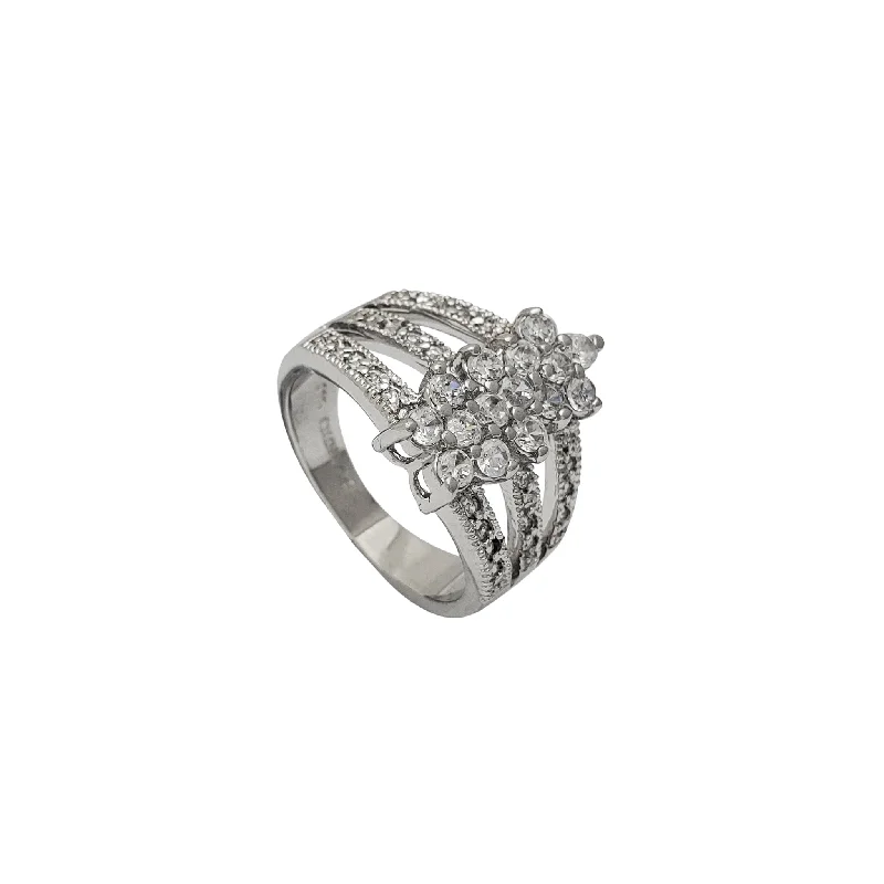 women's rings with stacked rings -Zirconia Cluster Flower 3-Row Ring (Silver)