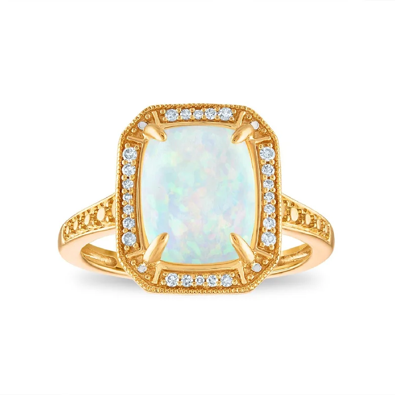 women's engagement rings with heart-shaped diamond -LoveSong 10X8MM Cushion Opal and Diamond Halo Ring in 10KT Yellow Gold