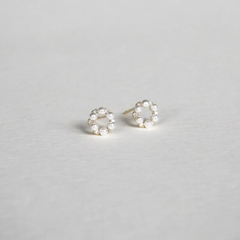 women's earrings with circular design -Baby Pearl Circle Studs