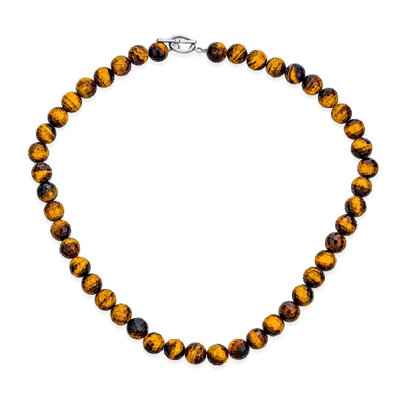 women's necklaces with personalized engraving -Faceted Tiger Eye 8MM Bead Strand Necklace with Silver Toggle Clasp for Men