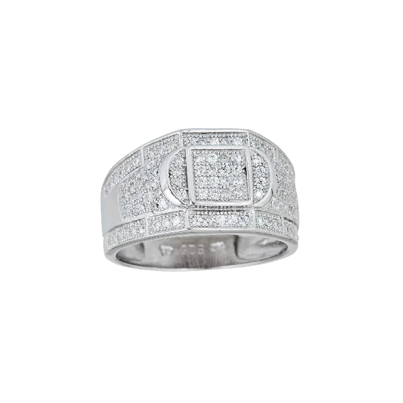 women's rings with square setting -Iced-Out Square & Crescent Moon Men's Ring (Silver)