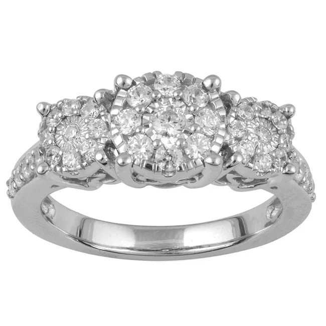 women's engagement rings with floral halo -3/4 CTW Diamond Three Stone Cluster Ring in 10KT White Gold