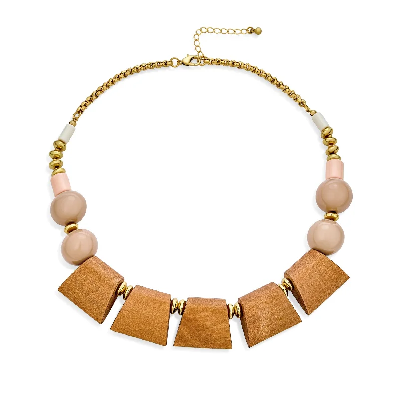 women's necklaces with sapphire -Artisan Beige Beads Wood Boho Fan Bib Collar Statement Necklace Woman