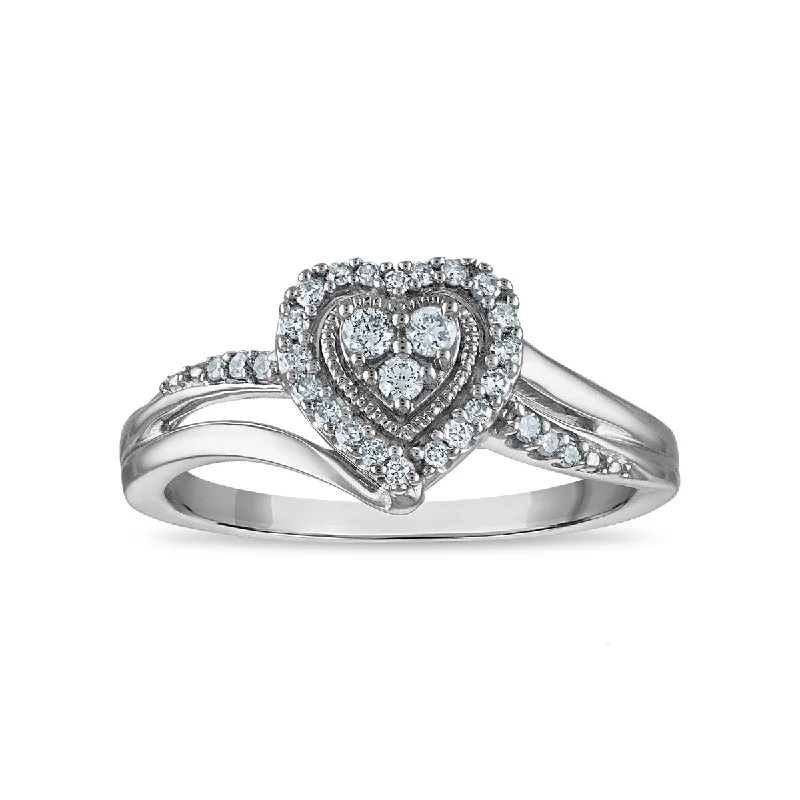 women's engagement rings with solitaire diamond -1/5 CTW Diamond Heart Promise Ring in Rhodium Plated Sterling Silver