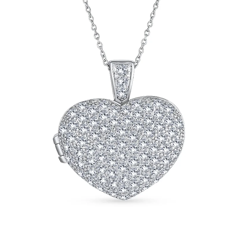 women's necklaces with elegant clasp -Large Pave CZ Puff Heart Aromatherapy Diffuser Locket Necklace for Essential Oils