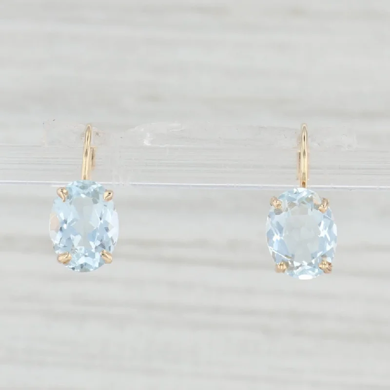 women's earrings with unique style -3ctw Oval Solitaire Aquamarine Earrings 14k Yellow Gold Leverback Drops