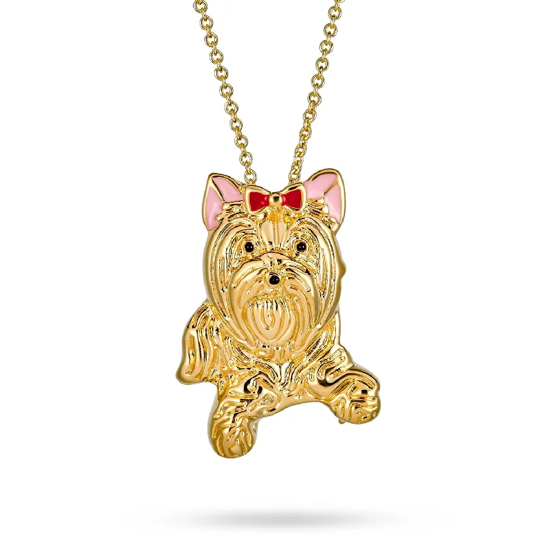 women's necklaces with long-lasting finish -Best Friend Dog Pendant Necklace Pink Bow Yorkshire Terrier Shih Tzu 14K Gold Plated